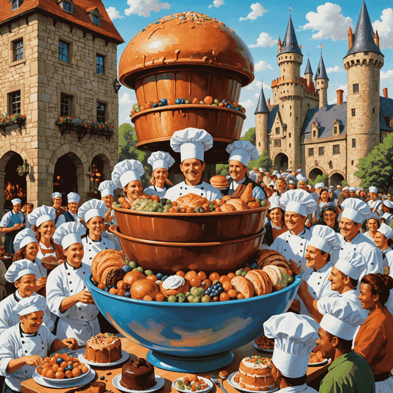 A whimsical illustration of a diverse group of people wearing chef hats, gathered around a giant mixing bowl filled with colorful ingredients. In the background, a castle-like structure made of cakes and pastries represents the game world of luxuryplaystay.