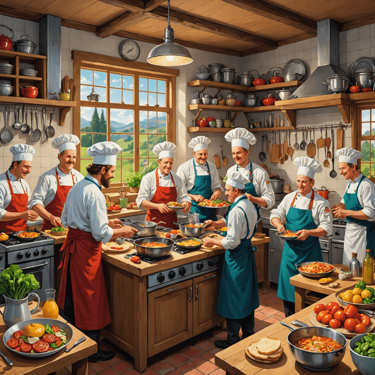 A colorful illustration of a bustling kitchen in luxuryplaystay, with various chef characters preparing dishes and interacting with cooking utensils. The scene is vibrant and whimsical, showcasing the game's fun and creative approach to cooking.