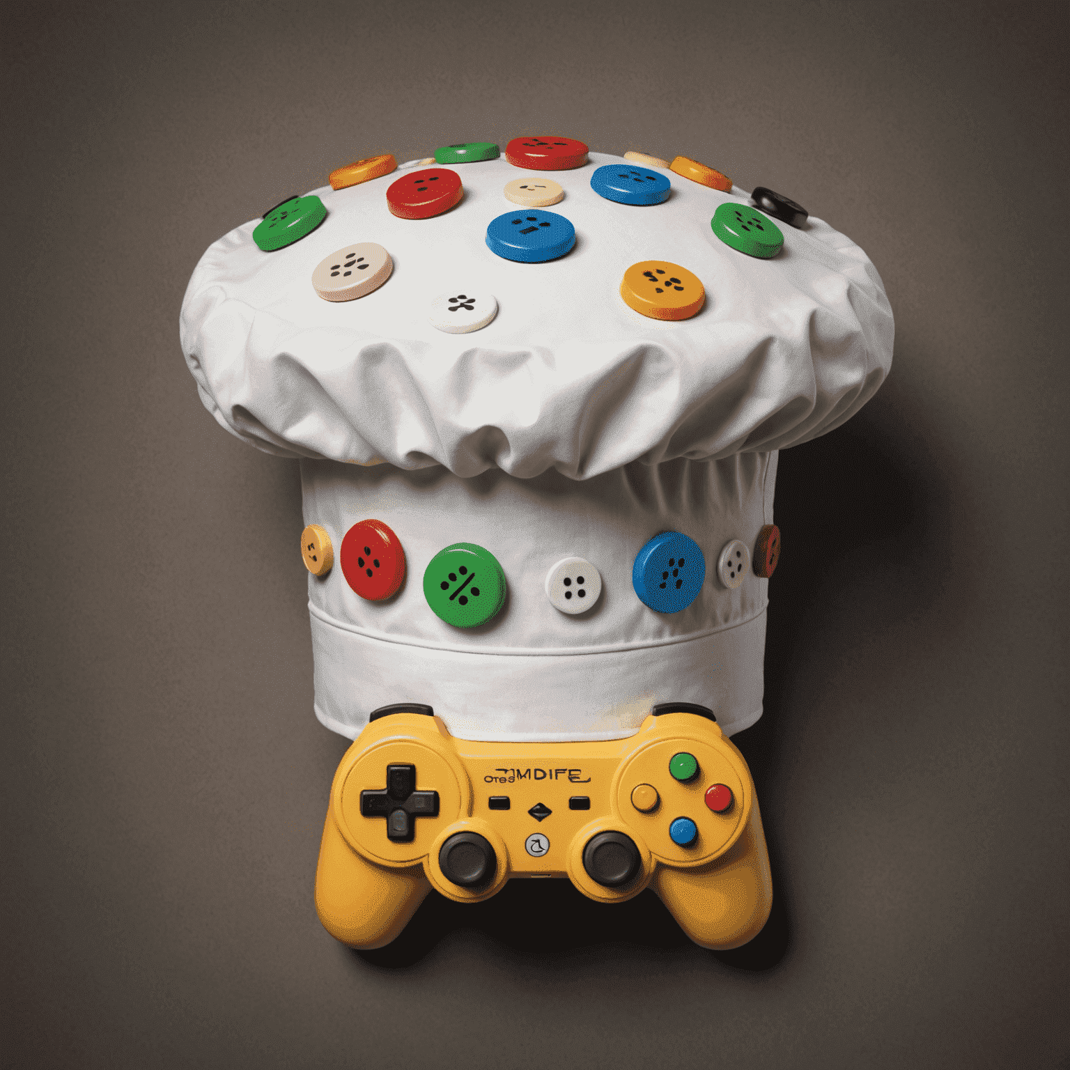 A whimsical illustration of a chef's hat with game controller buttons, symbolizing the fusion of gaming and cooking in luxuryplaystay