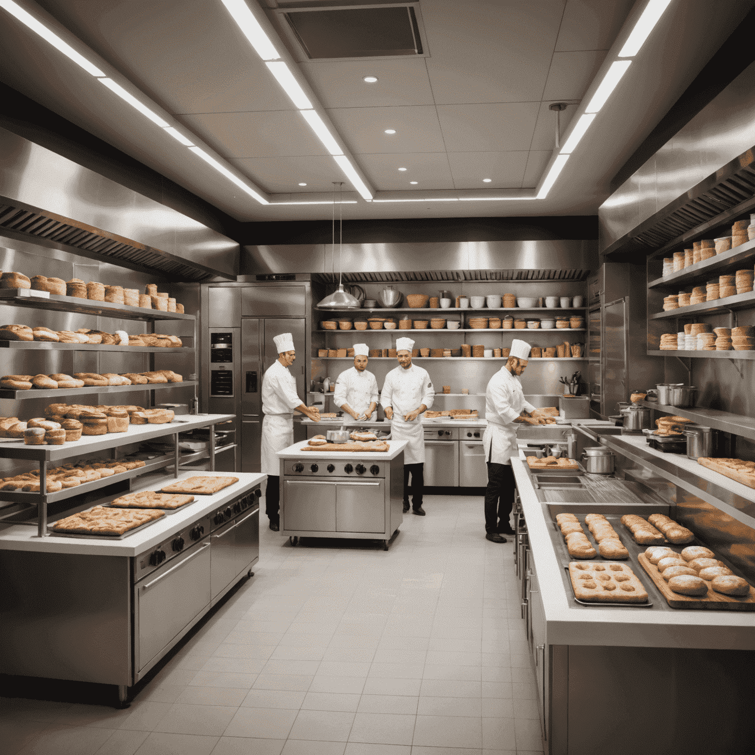 A virtual bakery kitchen with chefs working on various stations, showcasing efficient layout and organization