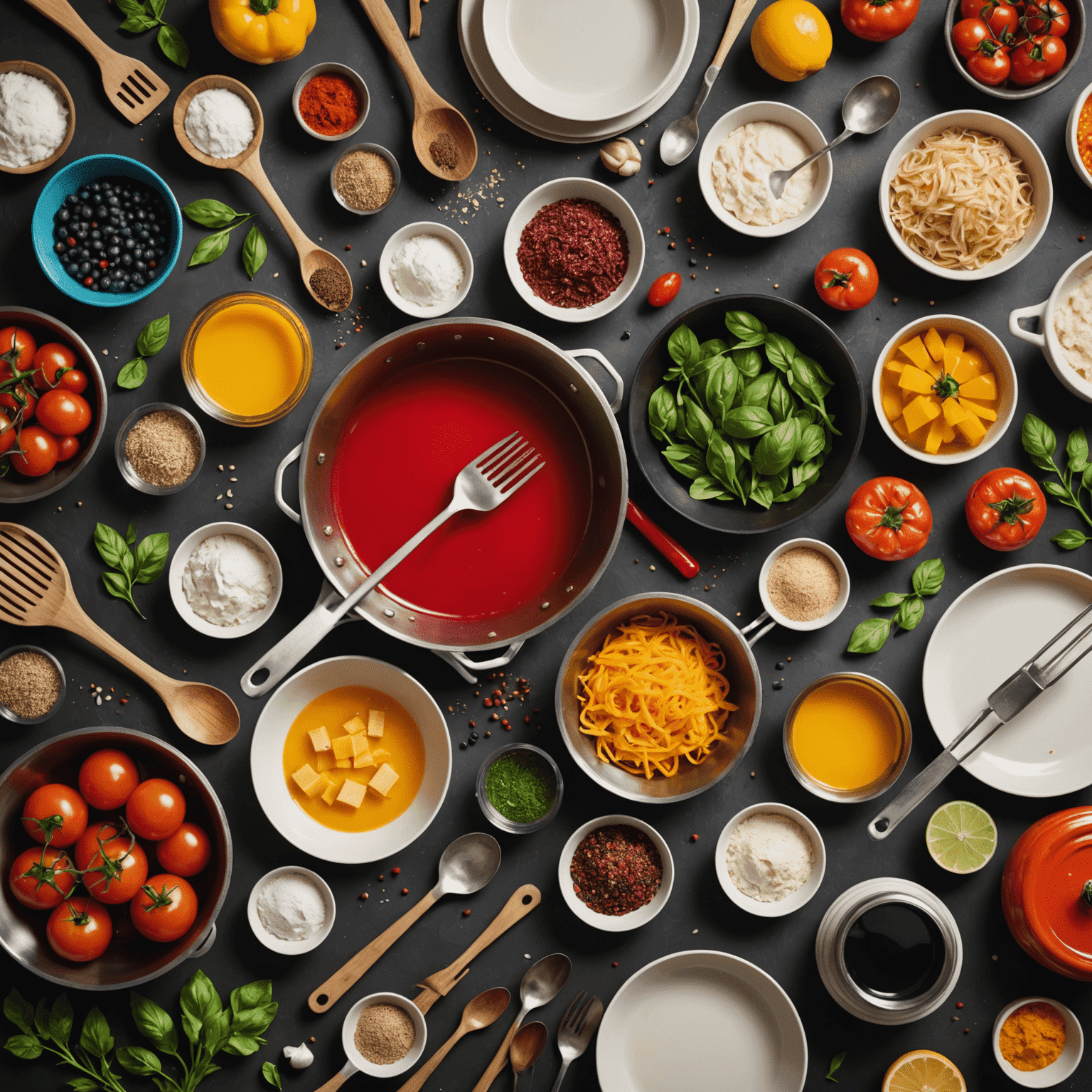 A vibrant kitchen scene with various cooking utensils, ingredients, and a timer, symbolizing preparation for a cooking competition