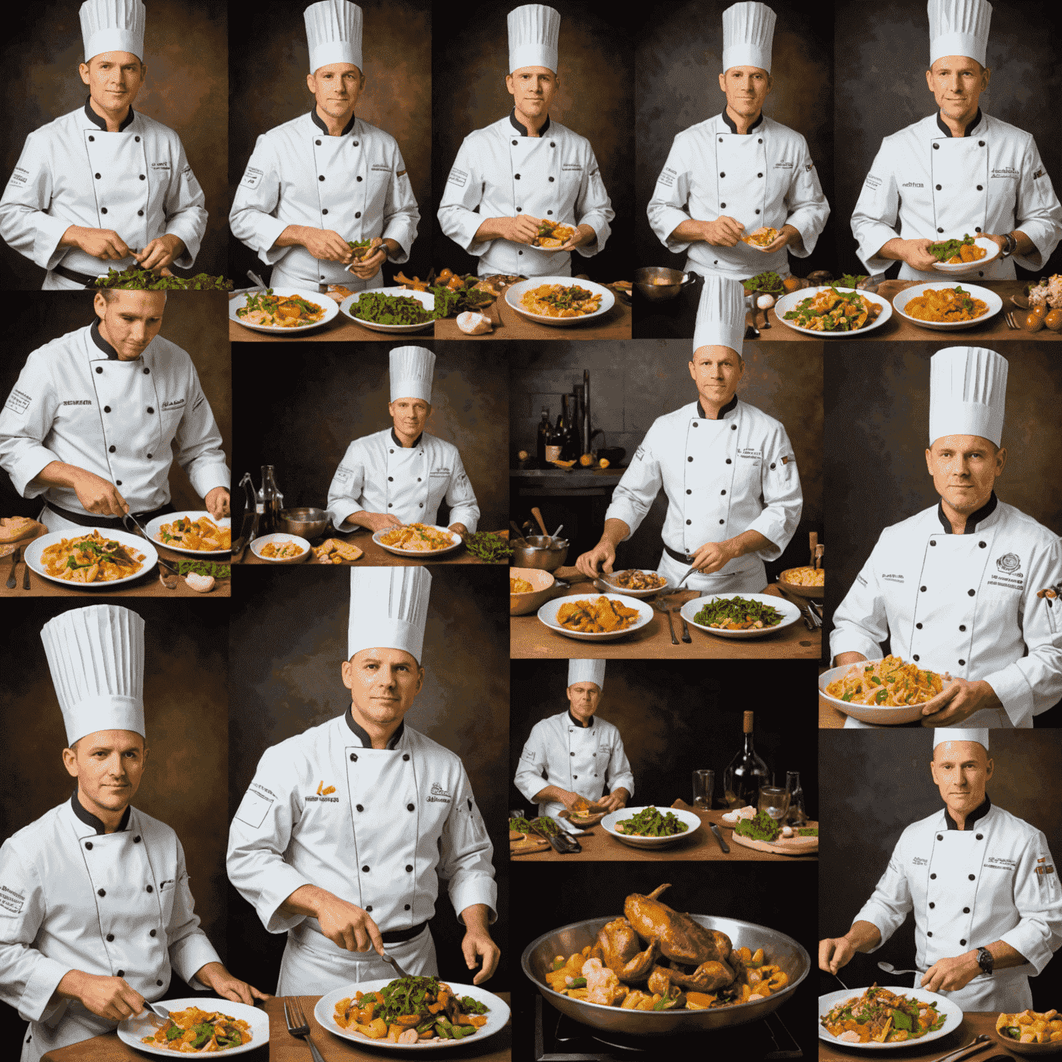 A collage showing the progression of a chef in luxuryplaystay, from a novice in plain clothes to a master chef in full regalia, surrounded by increasingly complex and beautiful dishes