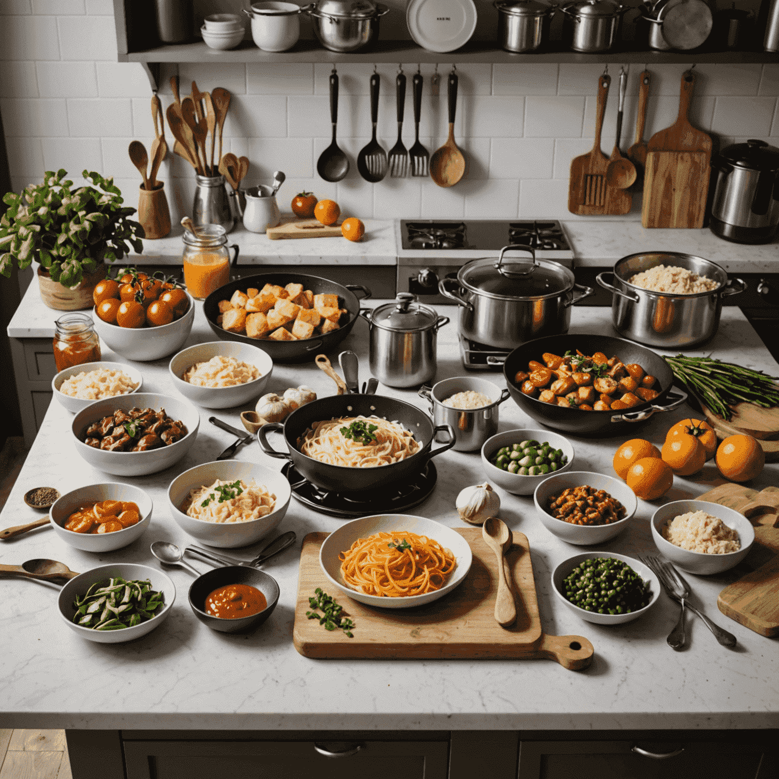 A virtual kitchen in luxuryplaystay with basic cooking utensils and ingredients laid out on a counter, ready for a beginner chef to start their culinary journey.