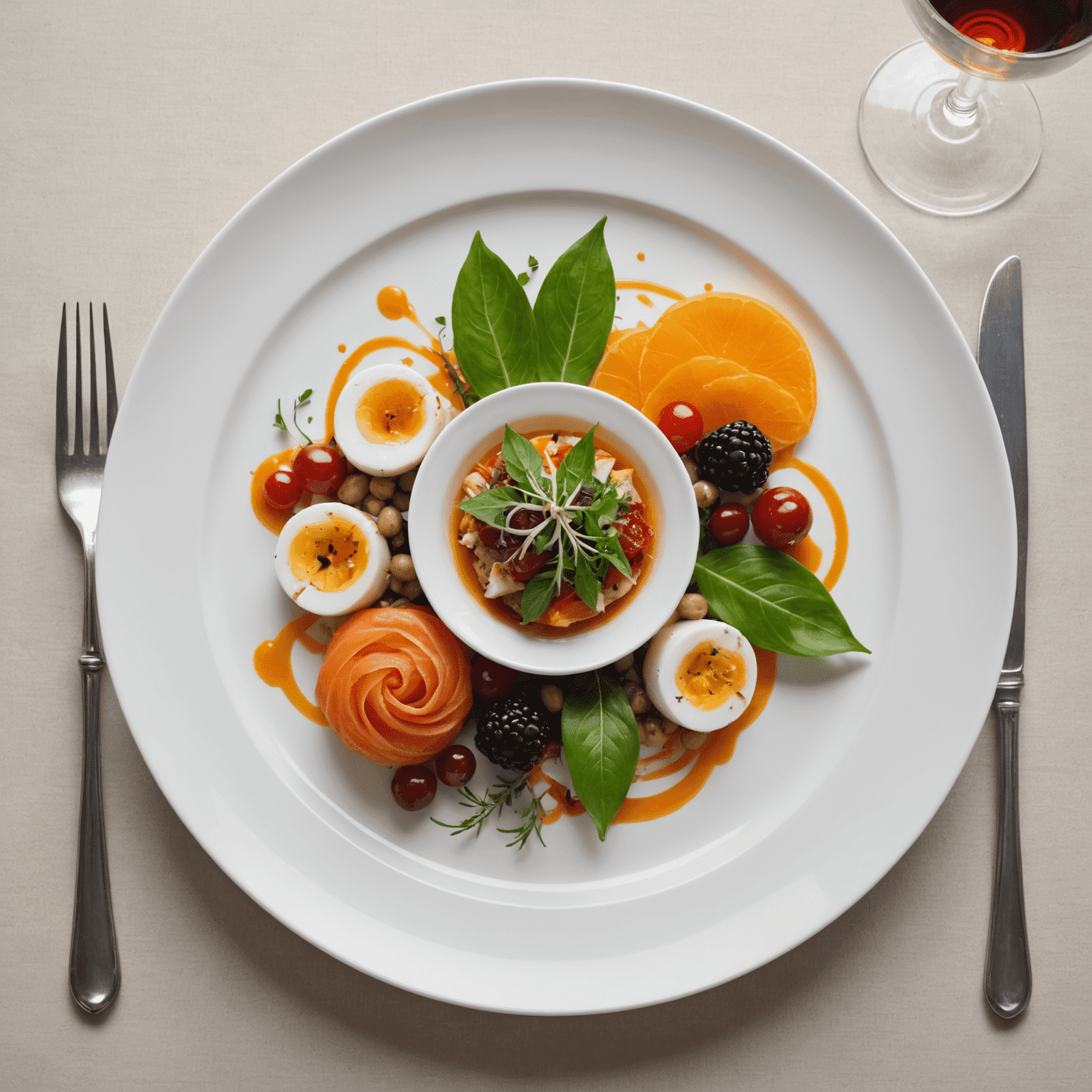 A beautifully plated dish with artistic food presentation, garnishes, and a clean white plate