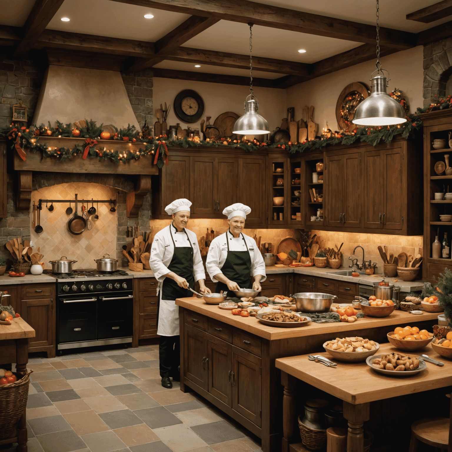 A festive scene of a luxuryplaystay master chef's kitchen, filled with colorful ingredients, state-of-the-art equipment, and mouth-watering baked creations