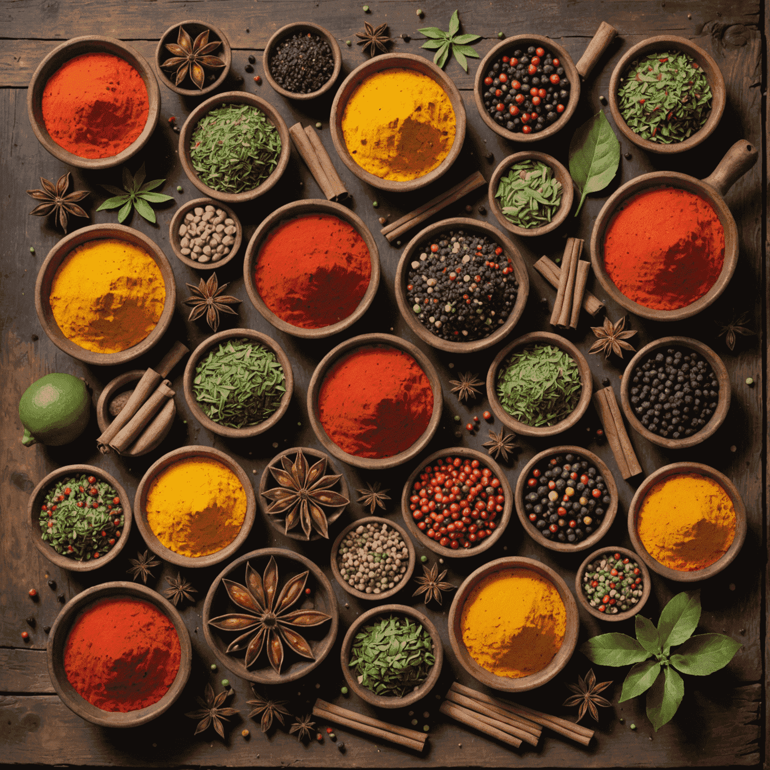 A collection of rare and exotic ingredients found in luxuryplaystay, including colorful spices, unusual fruits, and mystical herbs arranged artfully on a rustic wooden table.