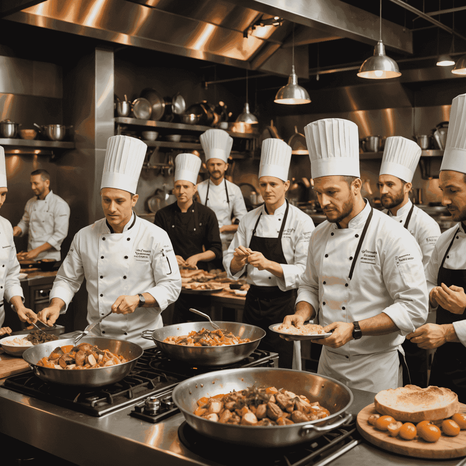 An exciting luxuryplaystay cooking competition scene with multiple chefs at their stations, preparing dishes under time pressure, with judges and a cheering virtual audience in the background.