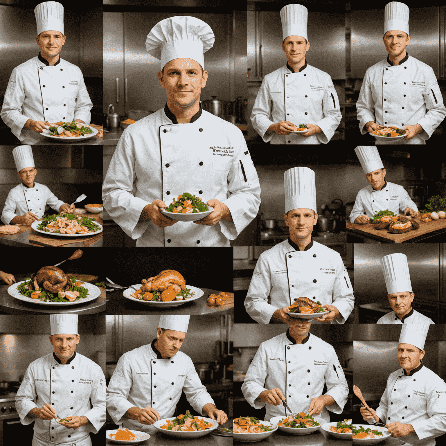 A montage showing the progression of a luxuryplaystay chef from novice to master, with increasingly complex dishes and kitchen environments representing each stage of growth.